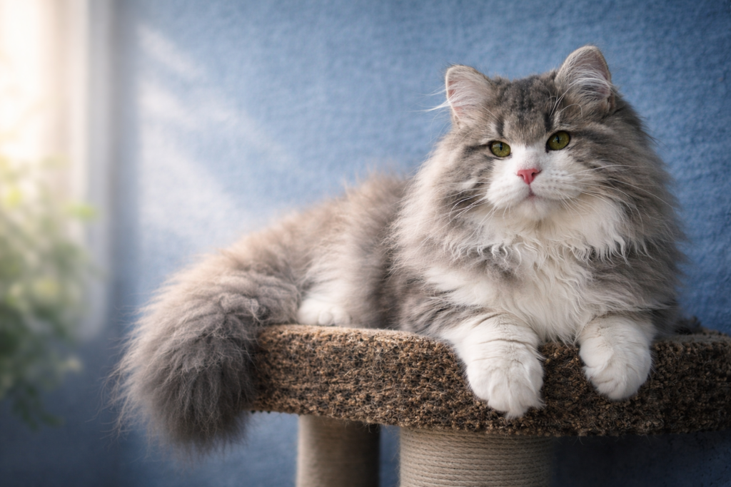 Veresk Siberian Sapphire, mâle reproducteur chat sibérien bleu marbré et blanc au pelage long et soyeux